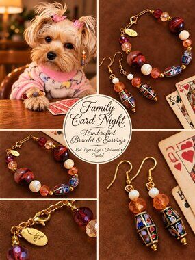 Family Card Night Handcrafted Red Tiger’s Eye Cloisonné Bracelet & Earrings